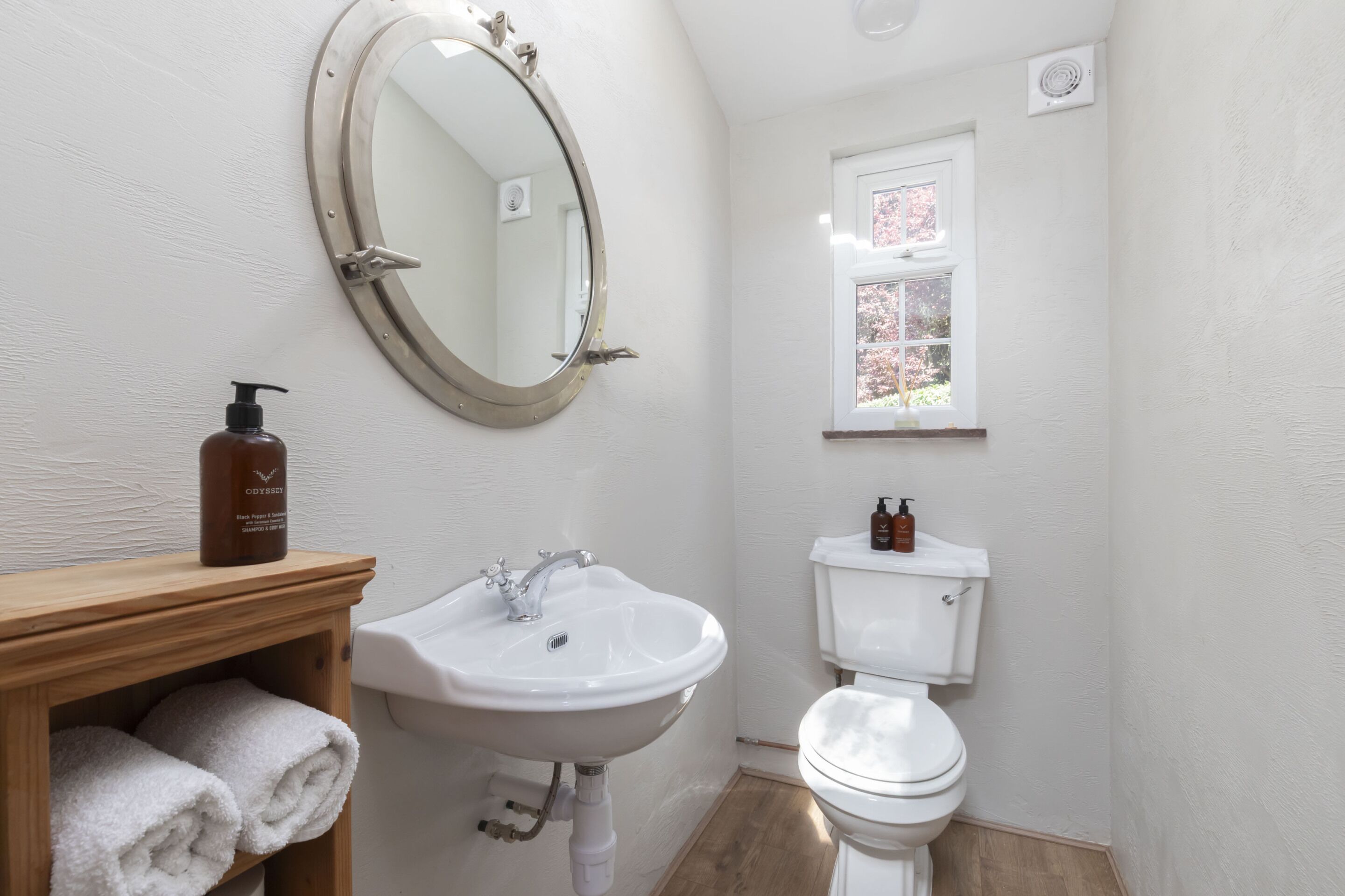 Shower, jetted bath, hair dryer, soap