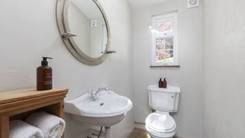 Shower, jetted bath, hair dryer, soap