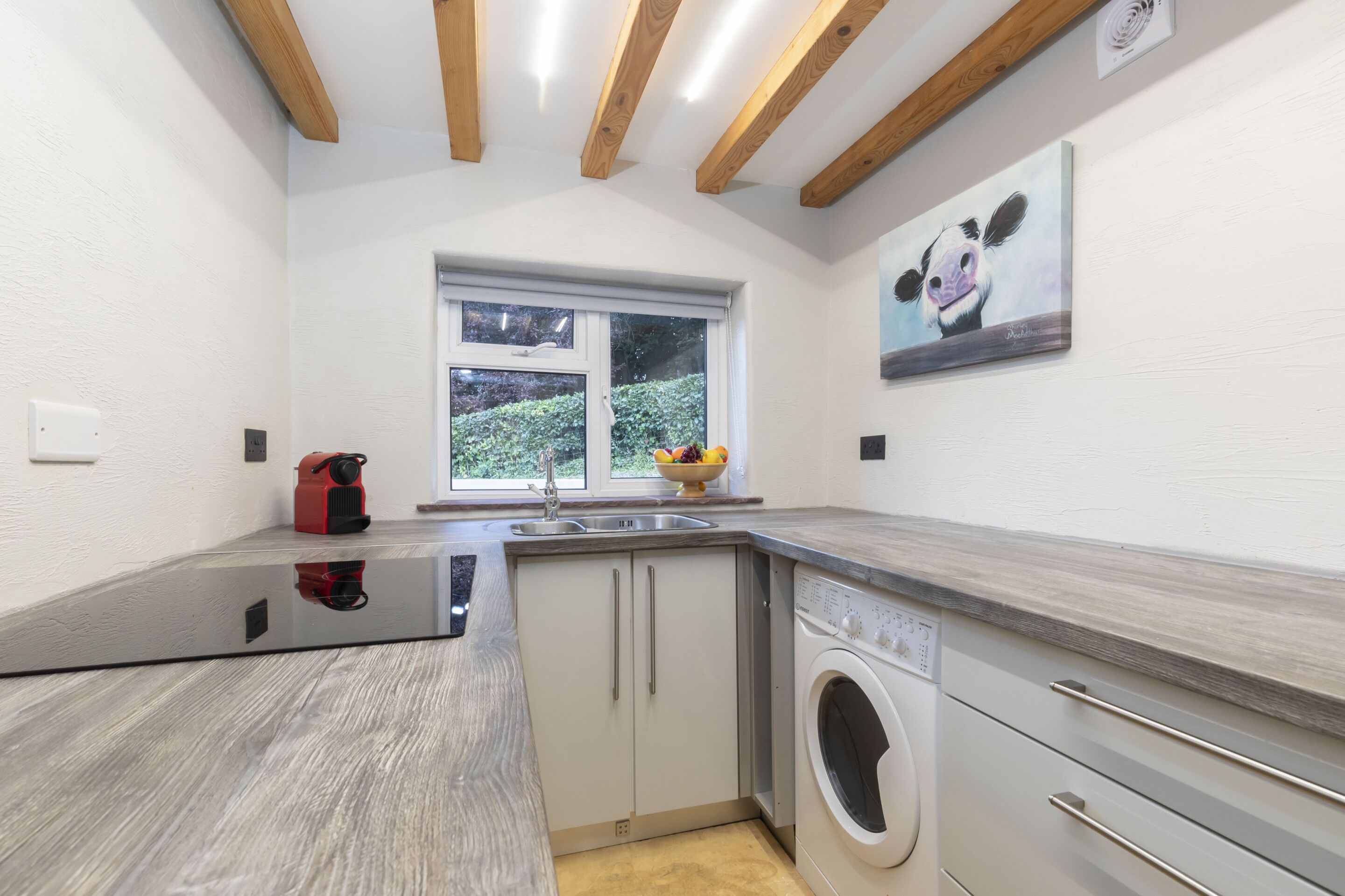A modern kitchen with a built-in washing machine, a window with a view of greenery, and a painting of a cow on the wall.