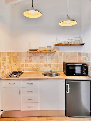 Frigorífico, microondas, horno y placa de cocina