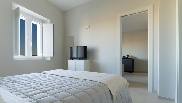 Une chambre à coucher avec un lit, un téléviseur posé sur un meuble et une armoire.