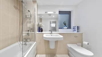 Hair dryer, towels, soap, toilet paper
