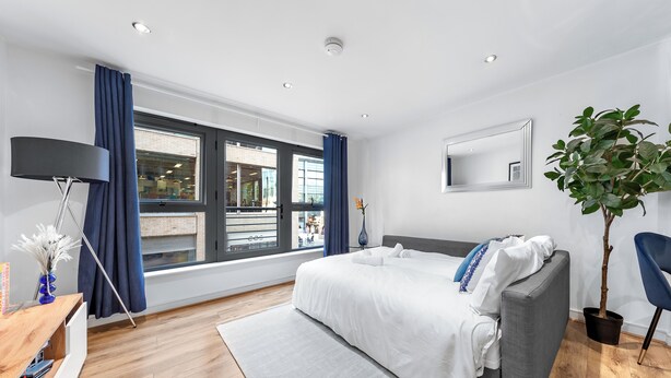 A modern hotel room with a large bed, a grey sofa, a potted plant, a mirror, and a window with curtains. - Liverpool Street Retreat (London)