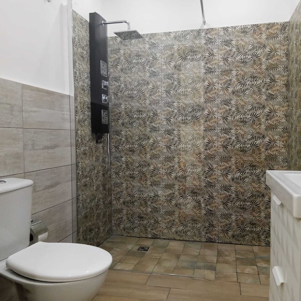 Hair dryer, towels, soap, toilet paper