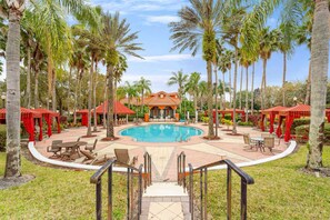 Outdoor pool, pool umbrellas, pool loungers