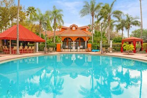 Outdoor pool, pool umbrellas, pool loungers