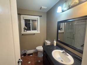 Shower, towels, soap, toilet paper