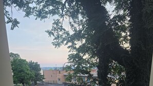 Una escalera de madera que conduce a un balcón con baranda blanca, con vistas a un estacionamiento y edificios a lo lejos.