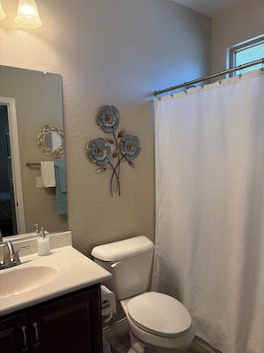 Hair dryer, towels, soap, toilet paper