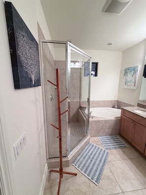 Hair dryer, towels, soap, toilet paper