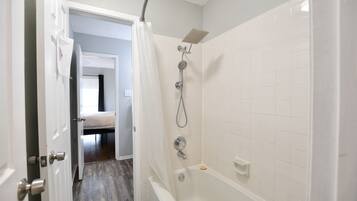 Hair dryer, towels, soap, toilet paper