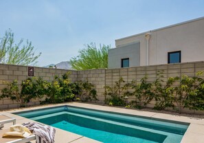 Outdoor pool, pool umbrellas, pool loungers
