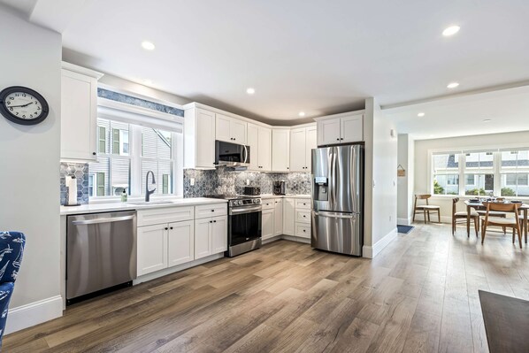 House, Multiple Beds, Patio, Garden View (Bourne By The Beach) | Private kitchen | Fridge, microwave, oven, stovetop