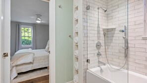 Hair dryer, towels, soap, shampoo