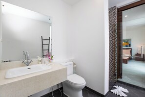 Un bagno moderno con uno specchio grande, un lavandino e un water.