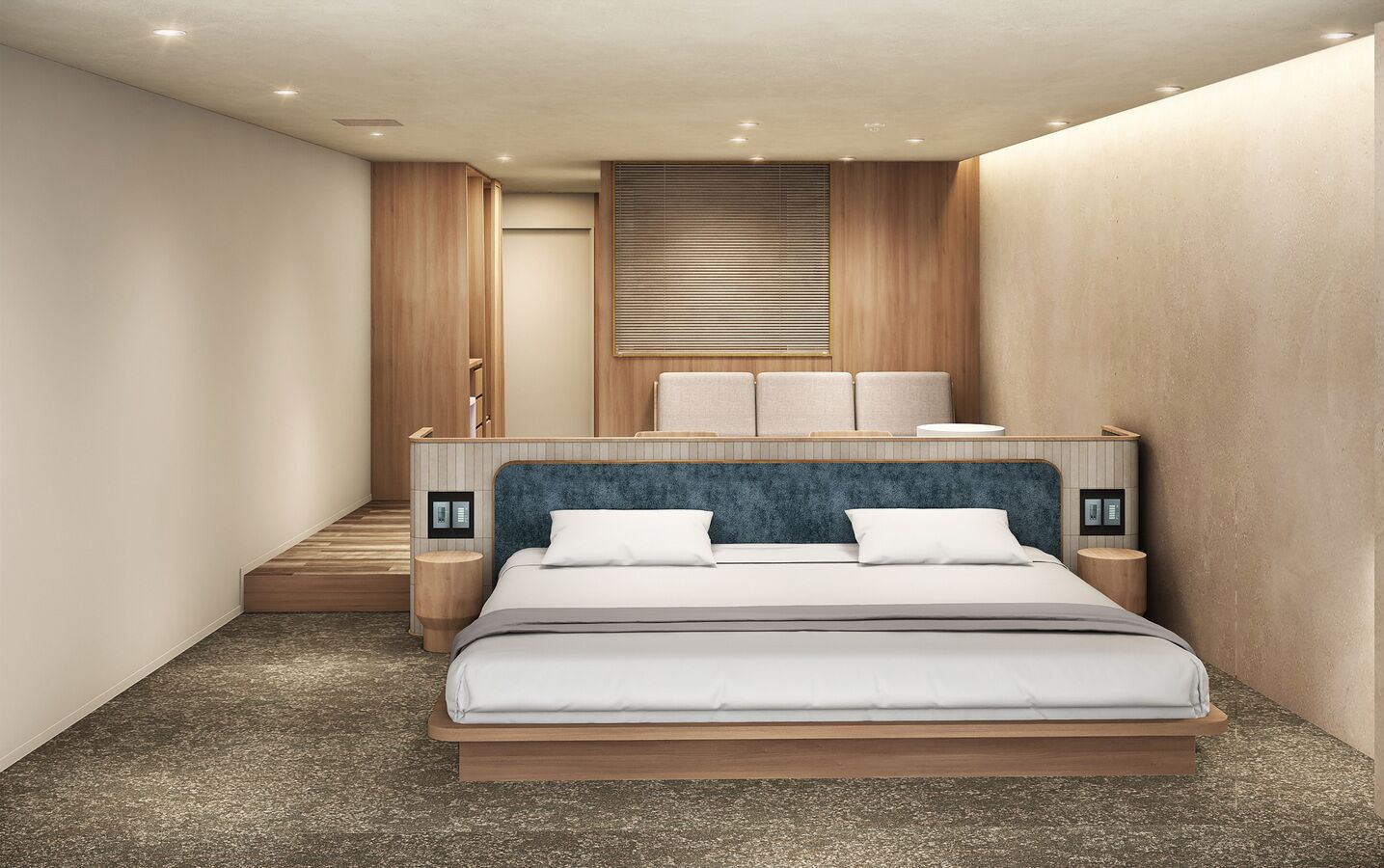 Ein modernes Schlafzimmer mit einem Bett, Nachttischen, einer eingebauten Bank und einem Fenster mit Jalousien.