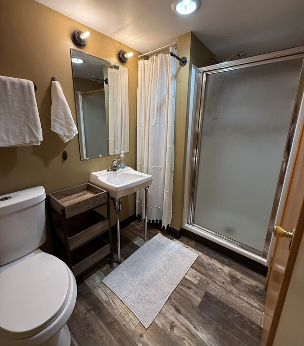 Een badkamer met toilet, wastafel, spiegel en douche.