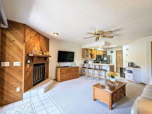 TV, fireplace - 1BR UpperDells Riverfront: Jacuzzi, Pool & Hot Tub (Wisconsin Dells)