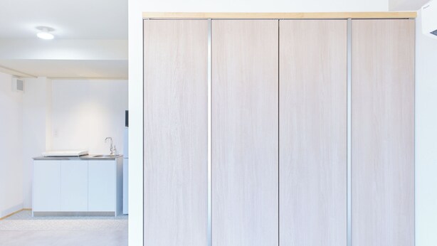 Una habitación moderna con un armario grande, una kitchenette pequeña y piso de color claro.