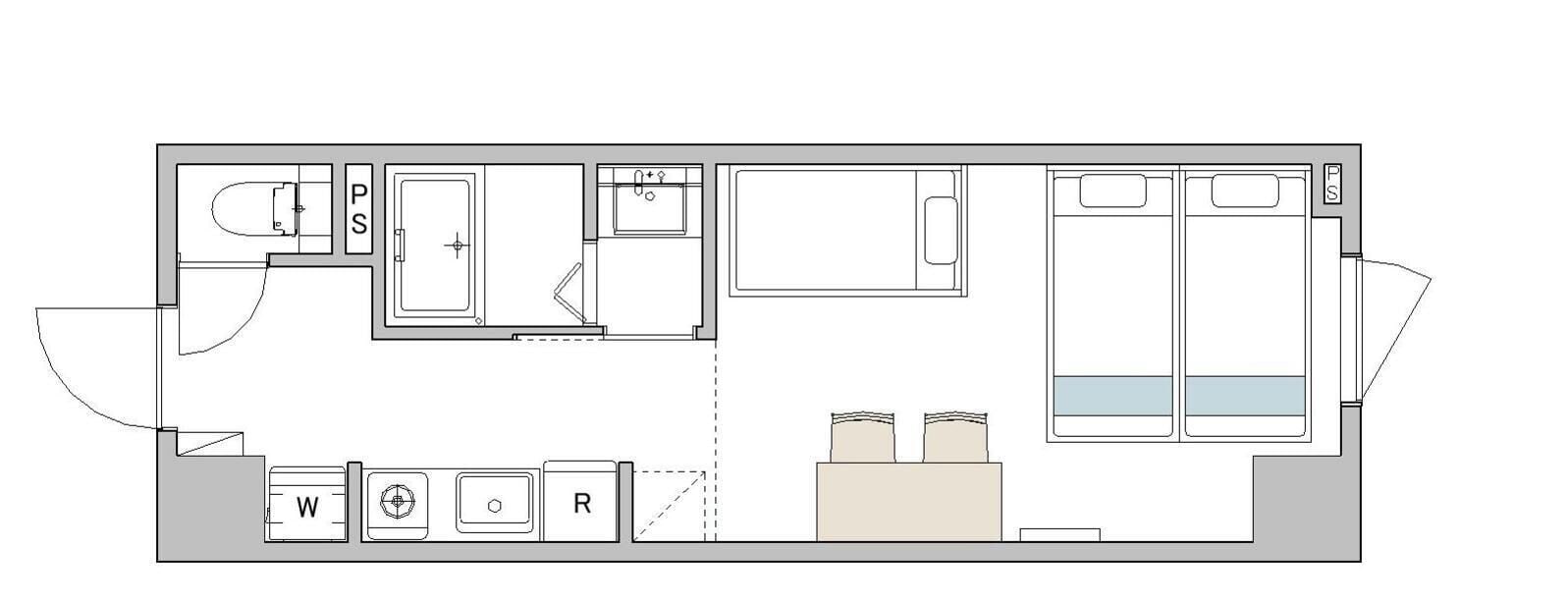 Plano de una habitación de hotel con baño, kitchenette y zona de estar.