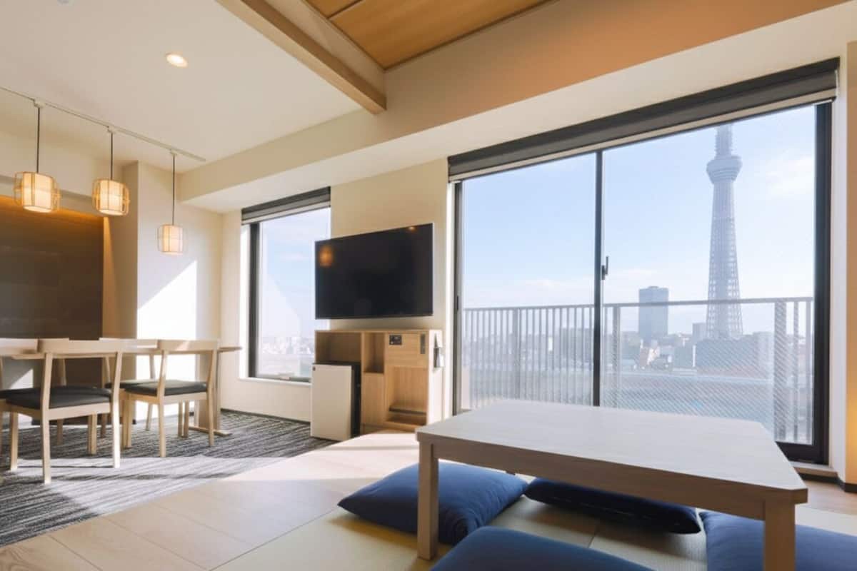 A modern hotel room with a large balcony, a flat-screen TV, a dining area, and a view of a tower.