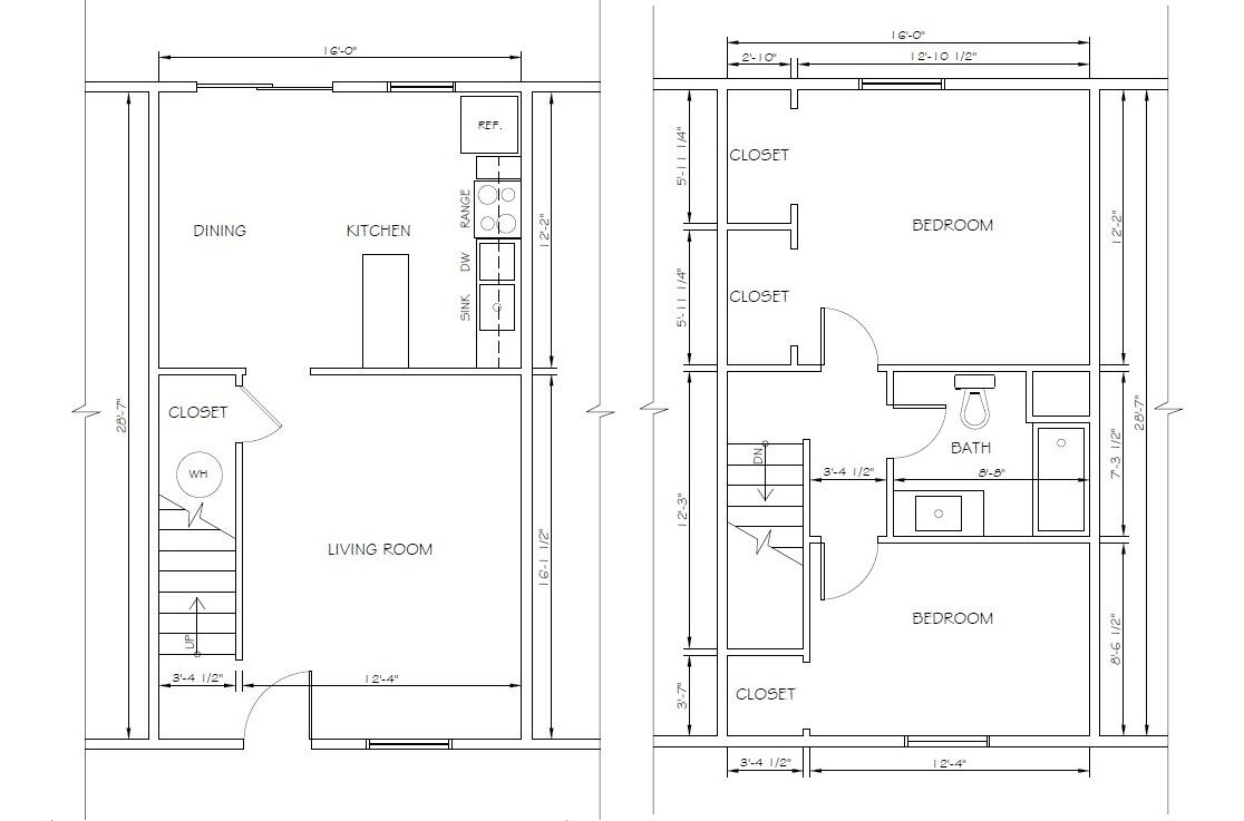 A floor plan of a house with a dining area, kitchen, living room, two bedrooms, and a bathroom.