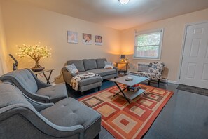 Smart TV, fireplace, books, printers
