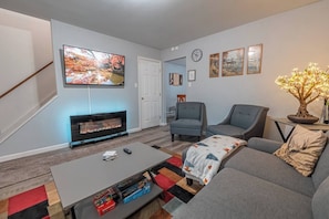 Smart TV, fireplace, books, printers