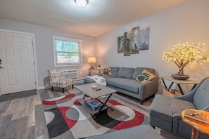 Smart TV, fireplace, books, printers