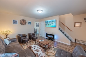 Smart TV, fireplace, books, printers