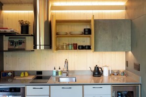 Fridge, microwave, oven, stovetop