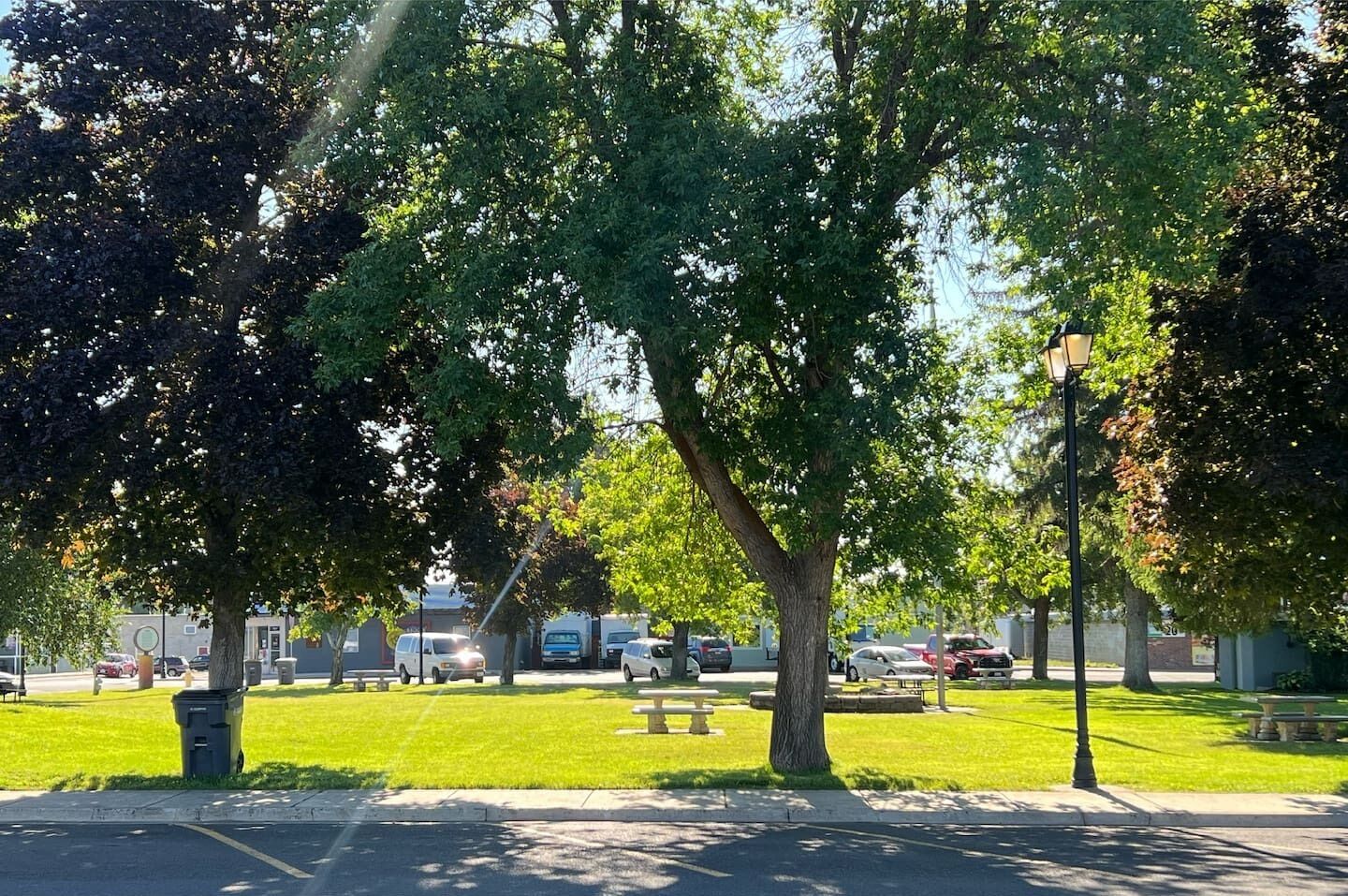 A parking lot with several cars, a picnic table, and trees.