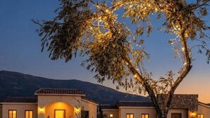 A building with a central entrance, multiple windows, and a tree in the foreground. - Baja Toscana Rancho Olivares (Valle de Guadalupe)