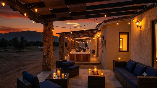 An outdoor patio area with seating, string lights, and candles. - Baja Toscana Rancho Olivares (Valle de Guadalupe)