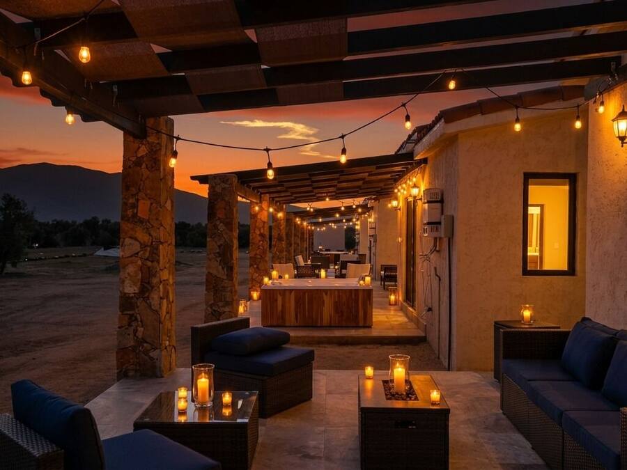 An outdoor patio area with seating, string lights, and candles.