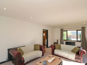 Smart TV, fireplace, books, stereo