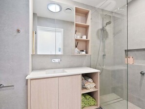 Hair dryer, soap, shampoo, toilet paper