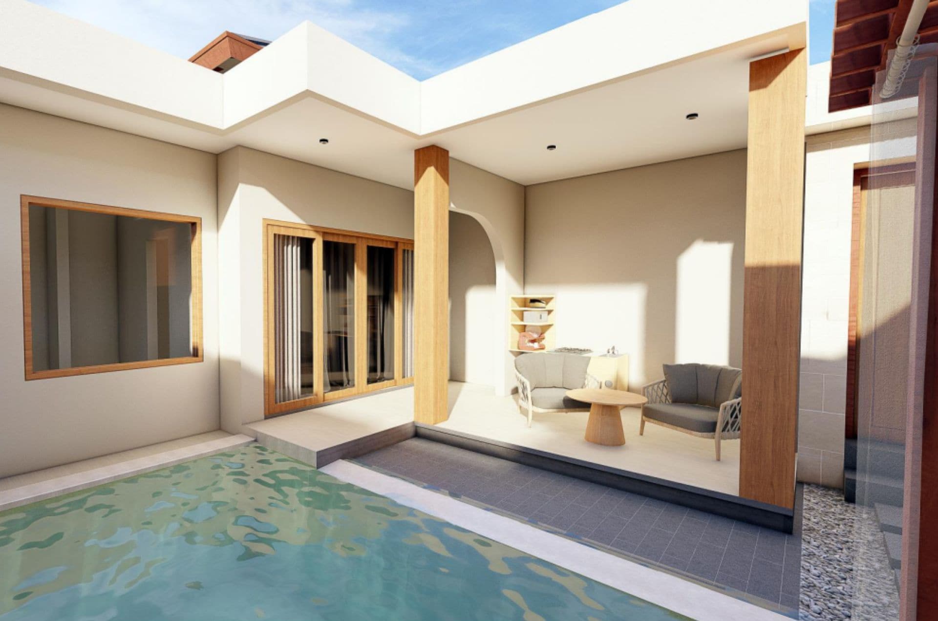 Un espace de vie extérieur moderne doté d’une piscine, de coins salon et d’une porte vitrée donnant sur un patio abrité.