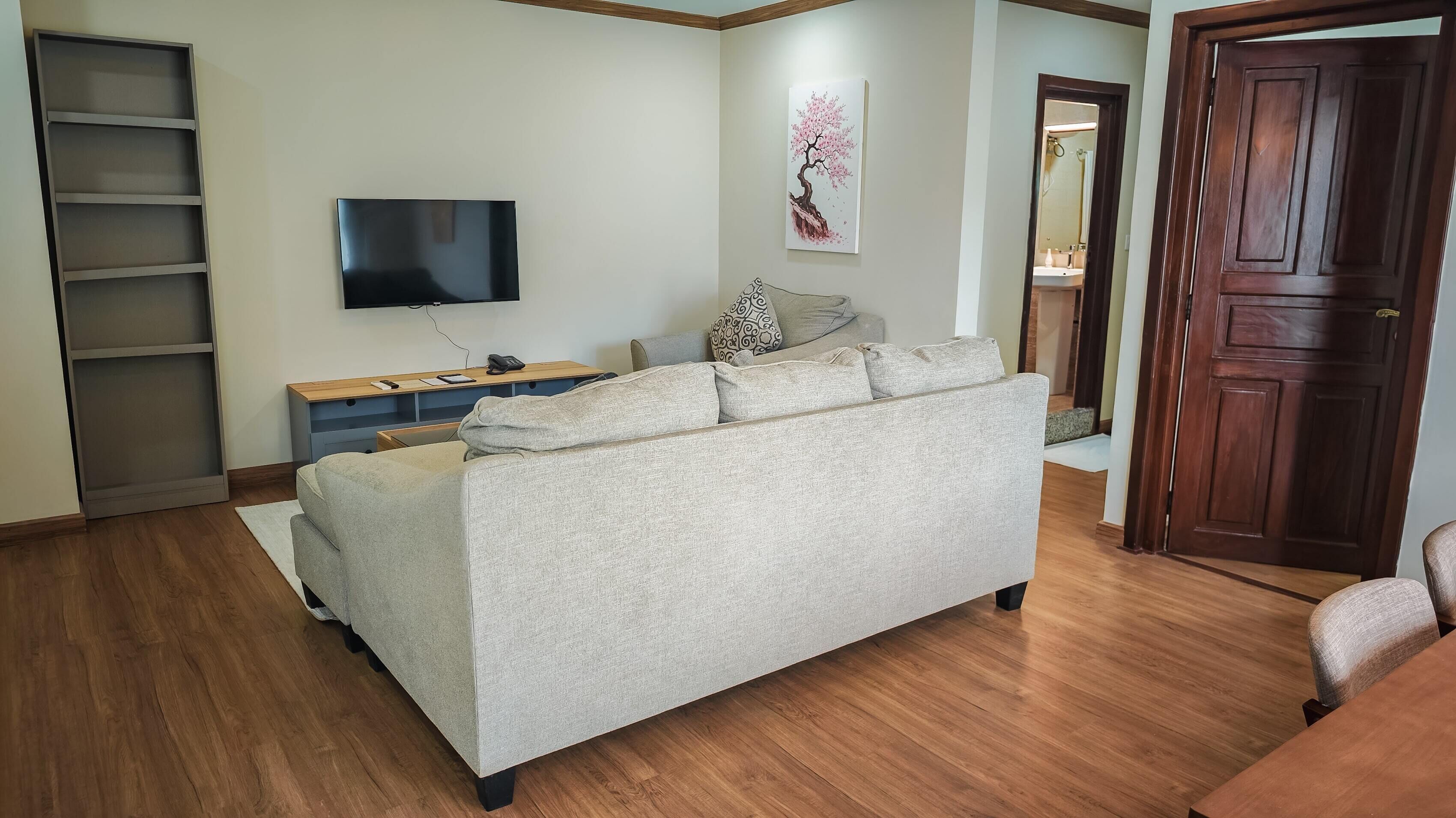 A living room with a sofa, a TV, a wooden cabinet, and a door.
