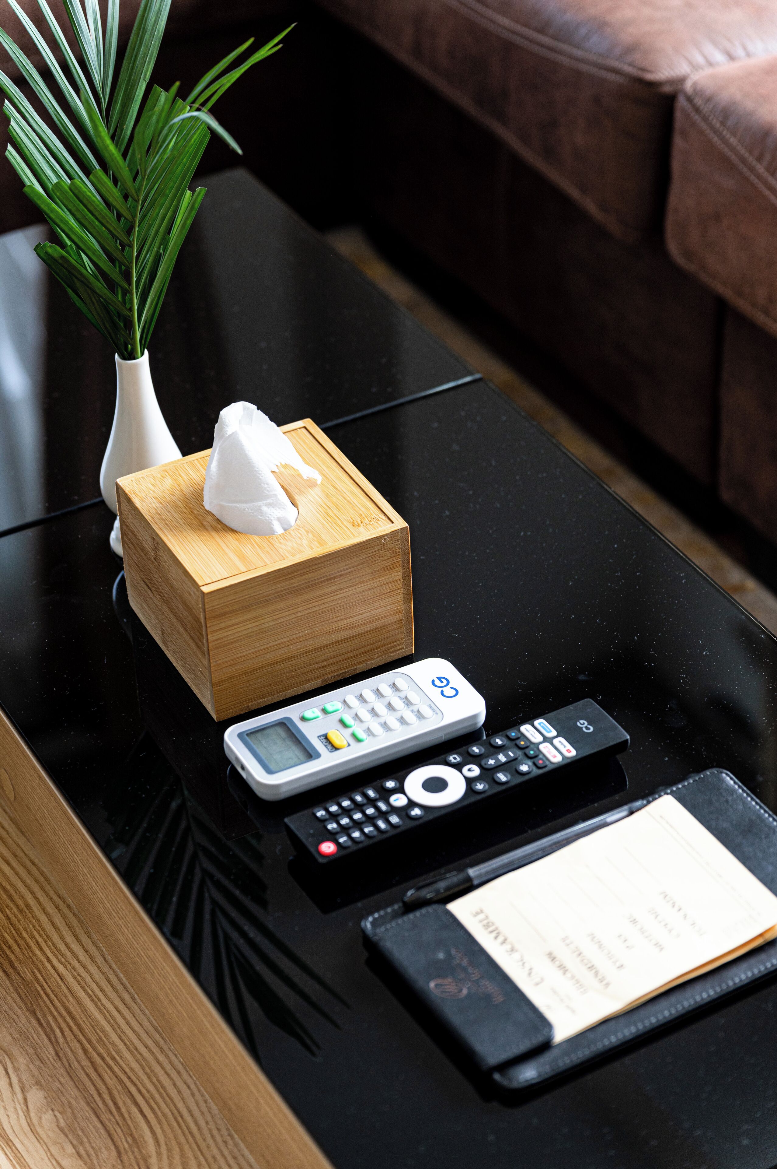 A black glass coffee table with a remote control, a tissue box, and a plant.