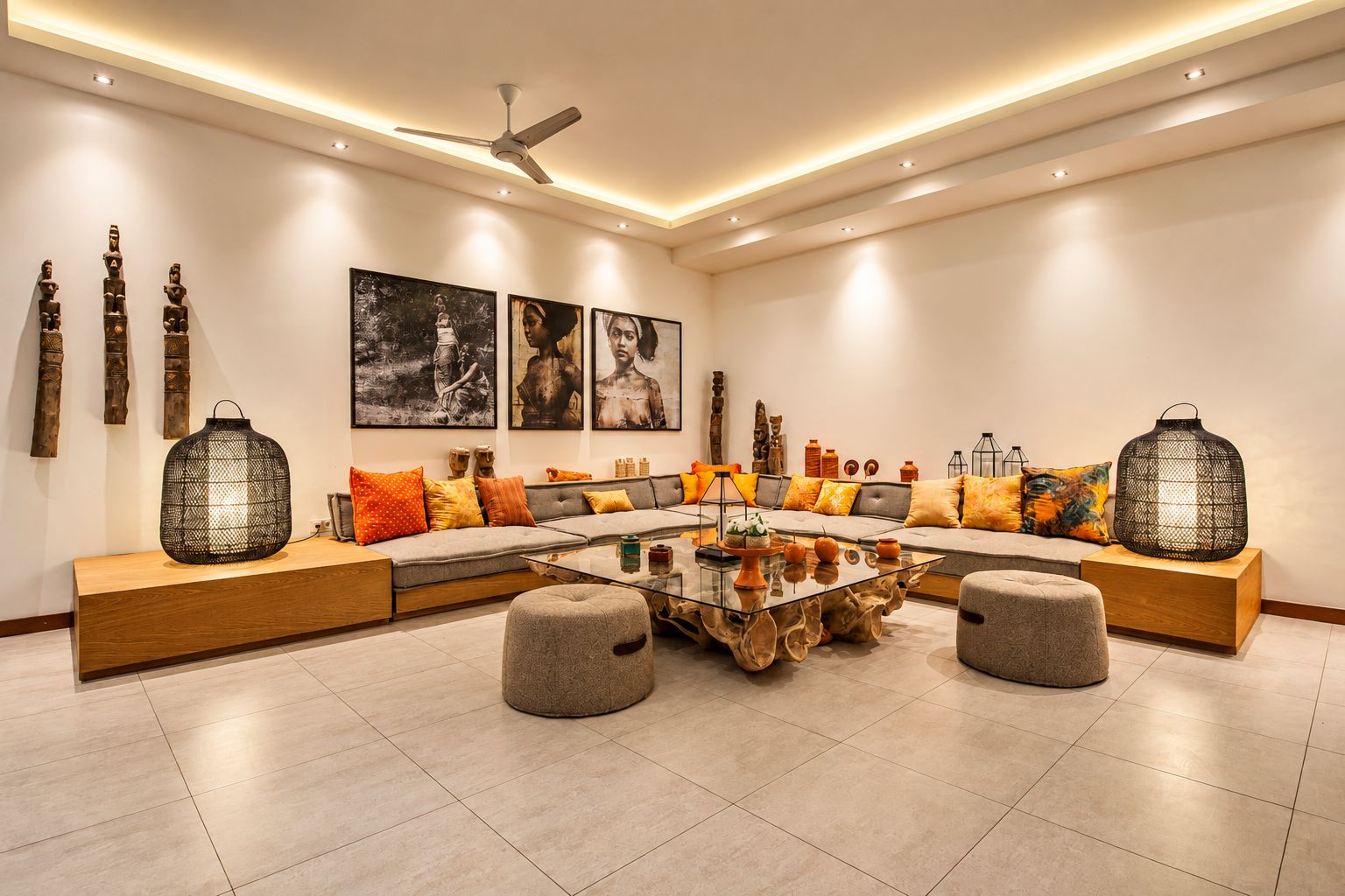 Una sala moderna con un sofá modular, una mesa de centro de vidrio y objetos decorativos.