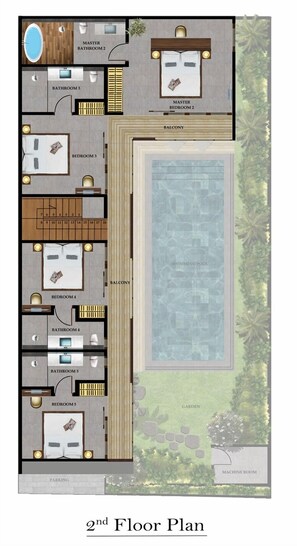 Plattegrond van de tweede verdieping met 5 slaapkamers, 3 badkamers, een balkon, een zwembad, een tuin en een machinekamer.