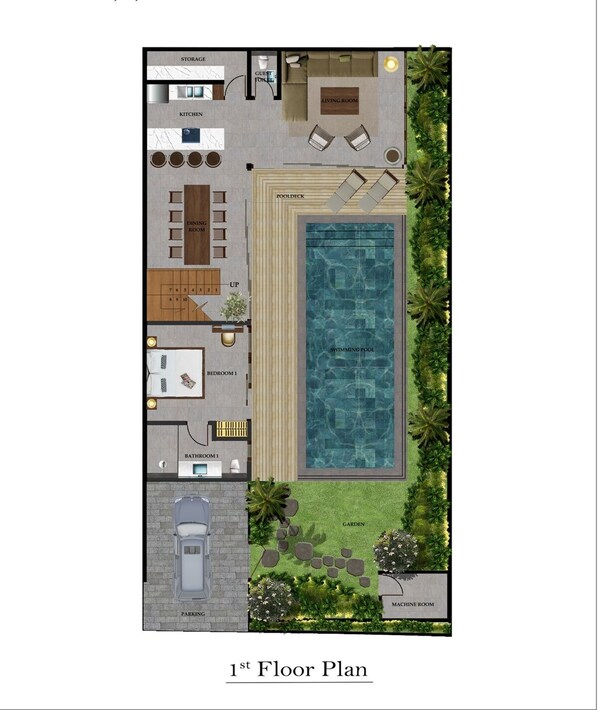 A 1st floor plan of a hotel with a swimming pool, dining room, kitchen, guest room, and a garden area. - Elegant 5BR Villa Retreat Steps From Canggu Beach (Munggu)