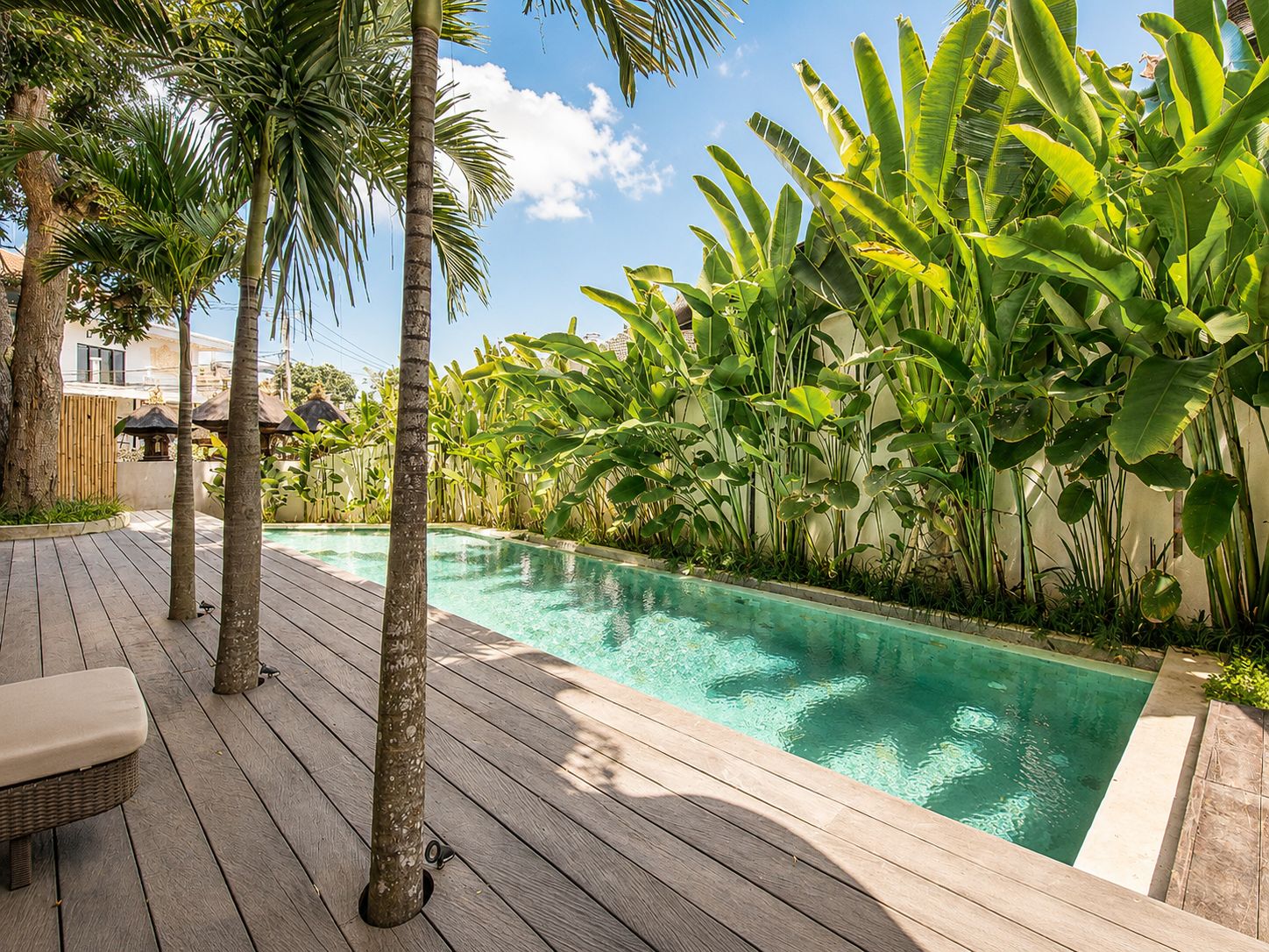 A swimming pool with wooden decking, surrounded by tropical plants and palm trees.