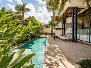 Une piscine entourée de chaises longues, de plantes tropicales et d’une terrasse en bois.