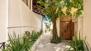 A paved pathway flanked by plants and a wooden door, leading to a building with a tiled exterior.
