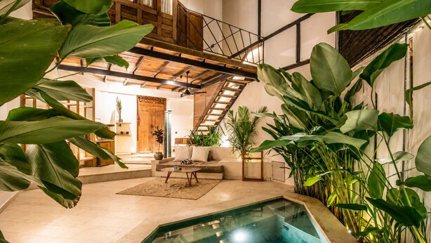 An indoor swimming pool with a glass barrier, surrounded by large green plants, a wooden staircase, and a seating area with a sofa and coffee table.