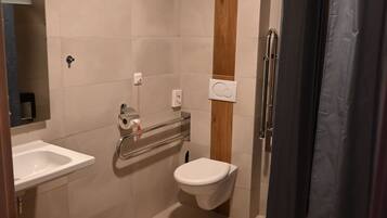 Shower, free toiletries, hair dryer, towels