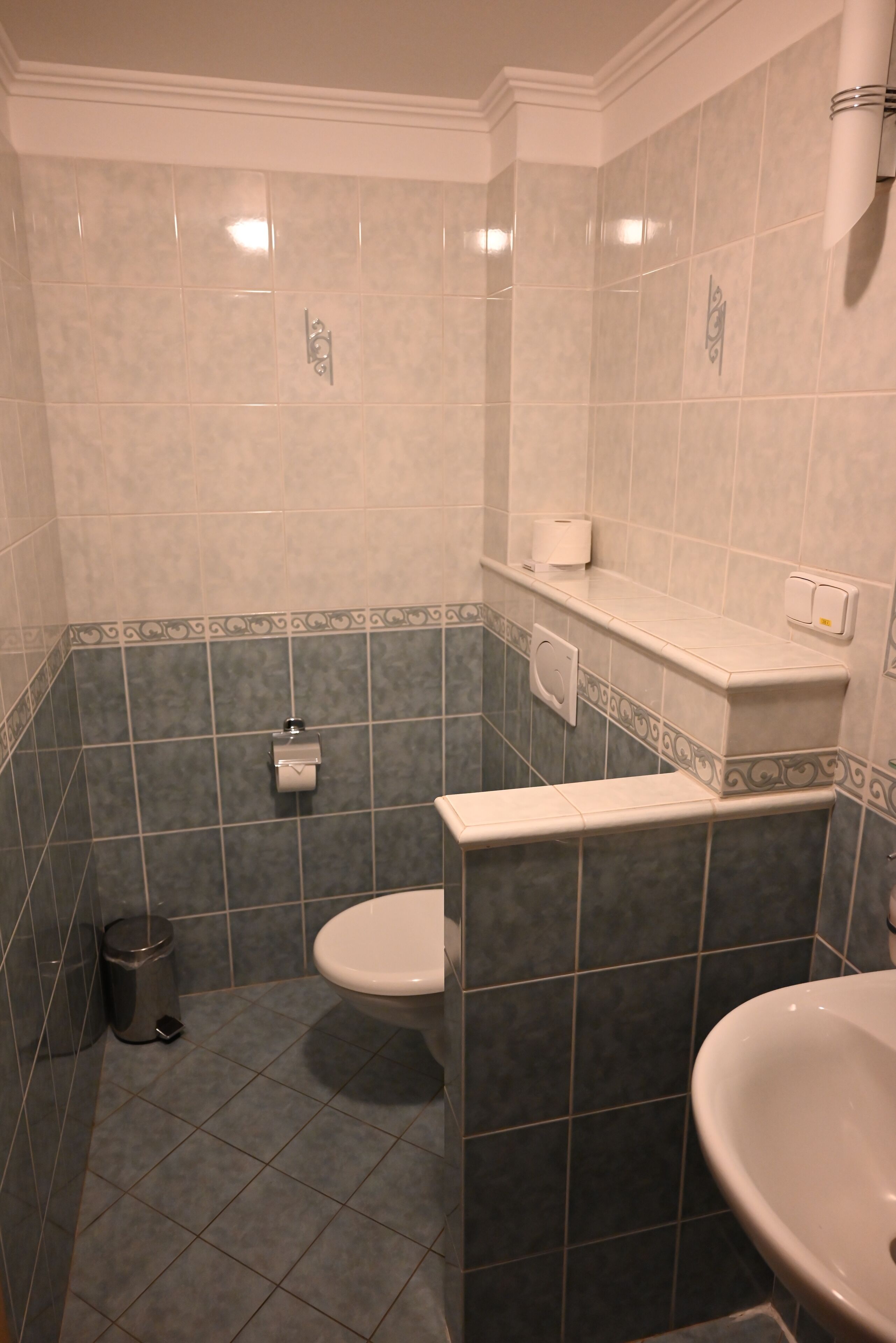 Een badkamer met toilet, wastafel en prullenbak.