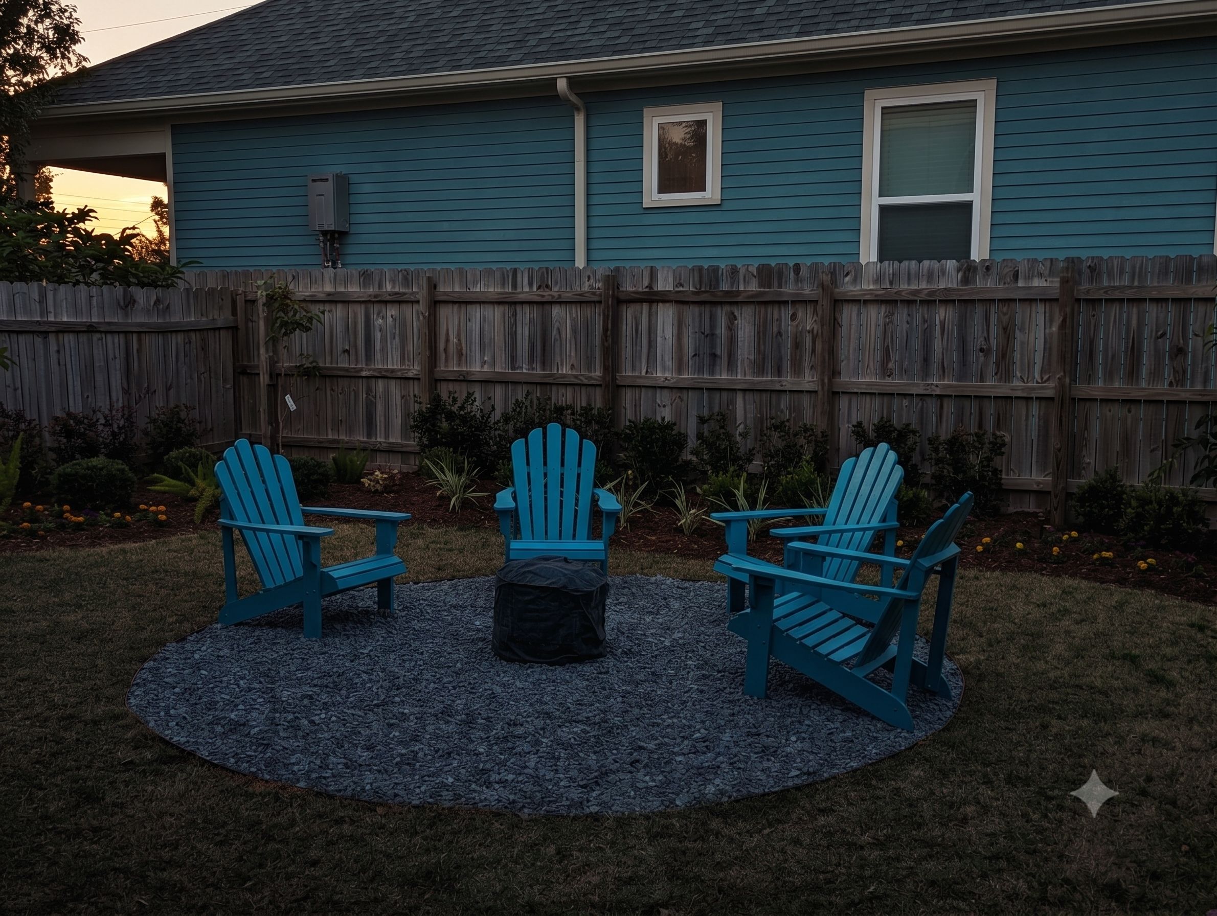 A house with a blue exterior, a wooden fence, and three blue Adirondack chairs arranged around a circular gravel area.